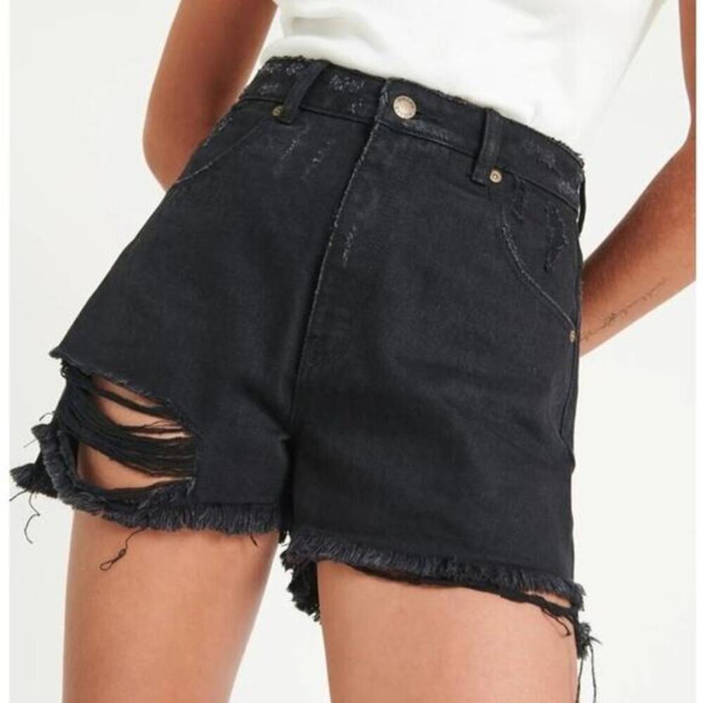 Rolla's Black Layla Duster Denim Shorts Distressed High Rise Cheeky Grunge Sz 24